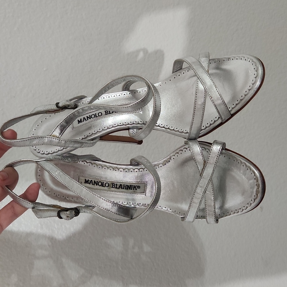 Manolo Blahnik Silver Scalloped Strappy Sandals